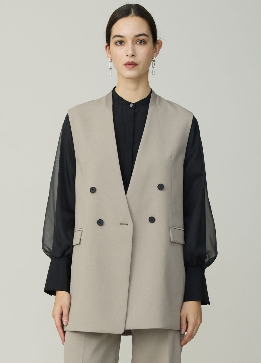 仿羊毛微光澤無領西裝背心